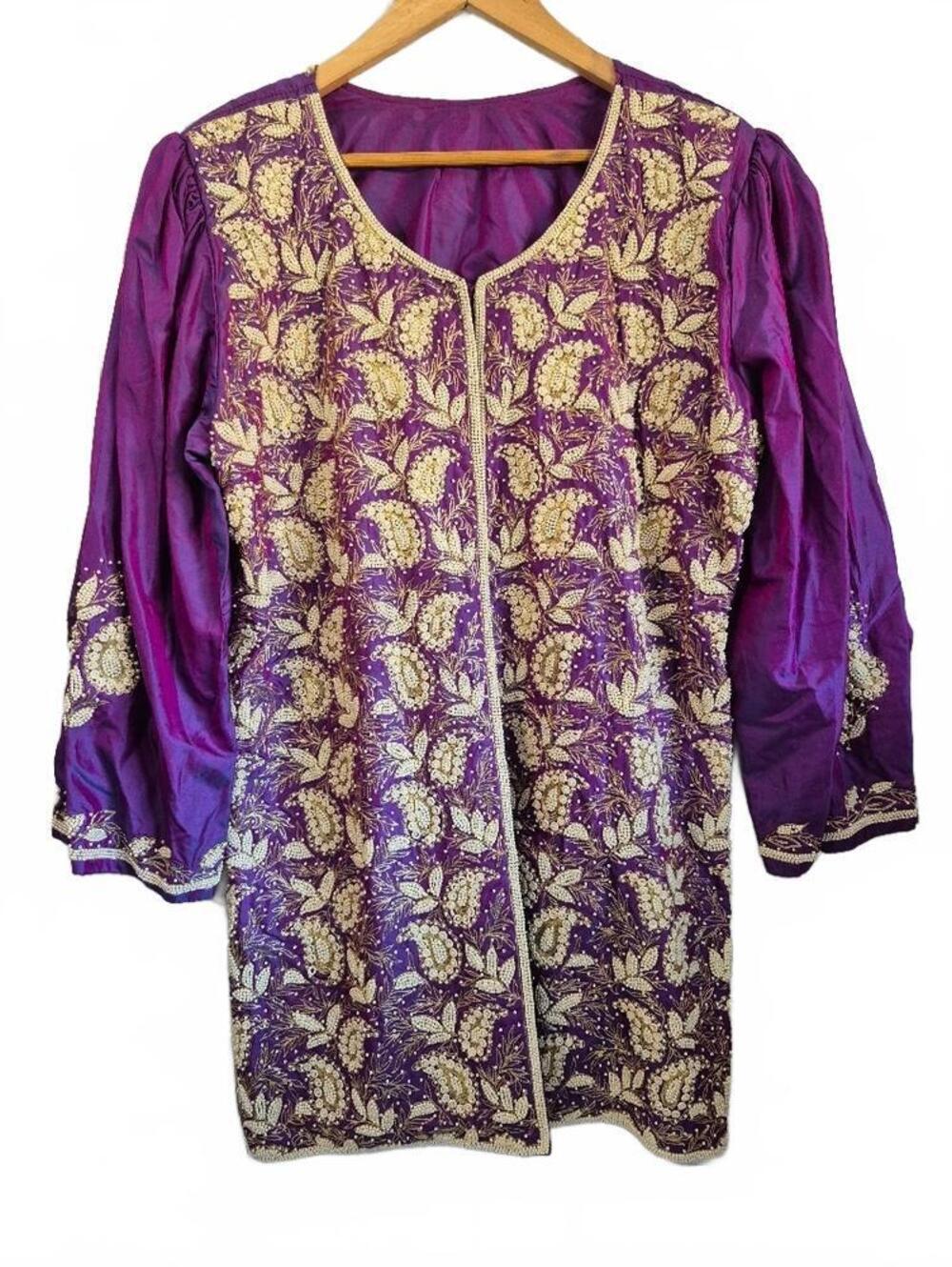 Ladies Purple Iridescent Nehru Like Jacket Embroidered Beaded Detail Side Slits